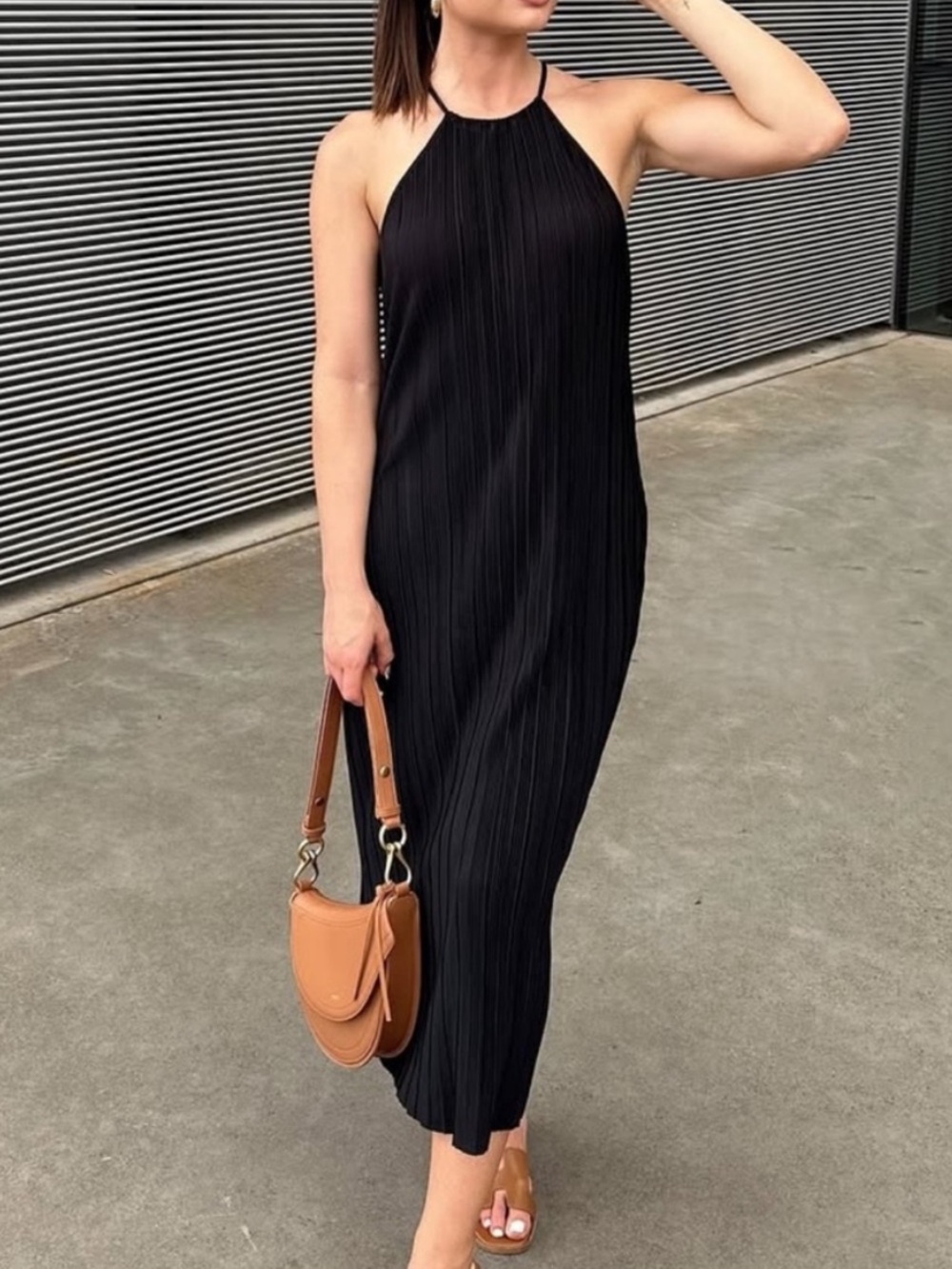 Black Halter Ribbed satin dress